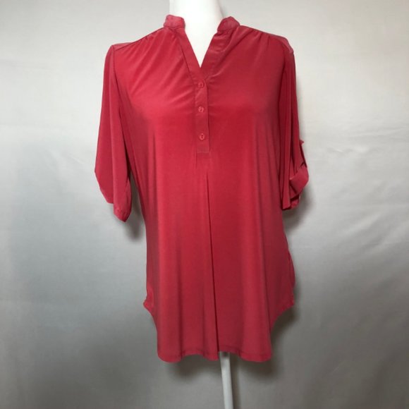 Pink Half Button Down Roll Sleeve Top SZ XL - Picture 2 of 6